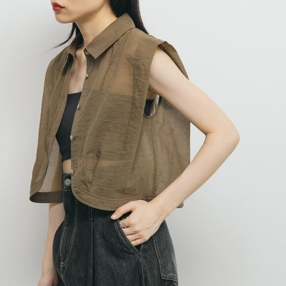 KBF Sleeveless Button Down Shirt Cropped Top Olive Green Sheer Blouse Vest - Picture 1 of 9